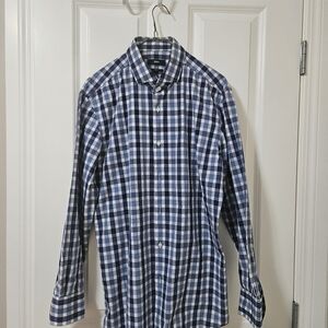 Boss mens dress shirt 16.5 short 100 percent cotton blue plaid